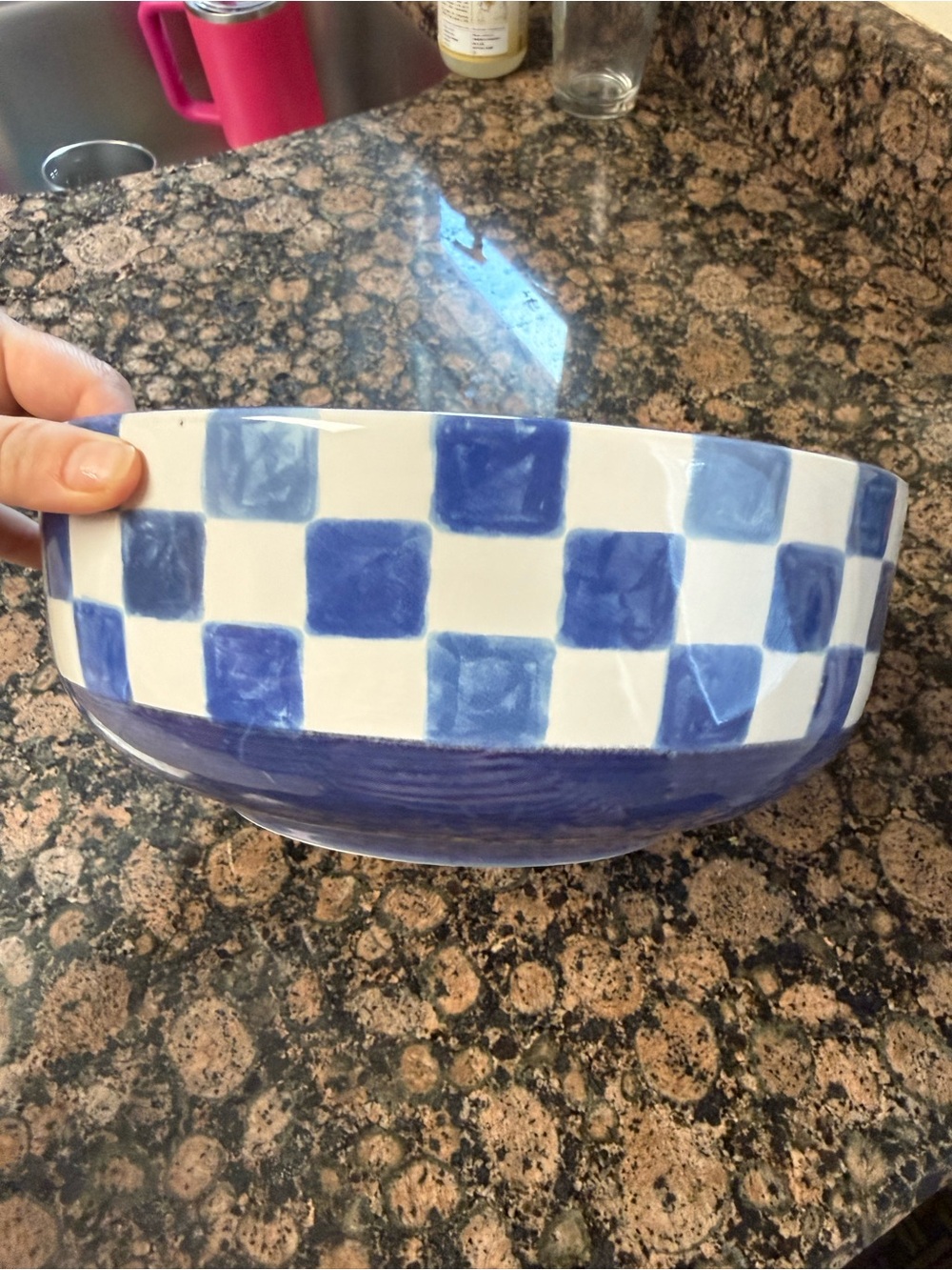 Hand-Painted Blue & White Checker Ceramic Serving Bowl Indigo Print